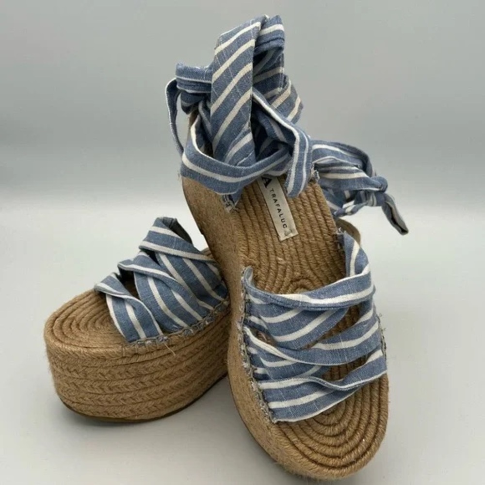 BOOHOO Blue Striped Espadrille Wedges